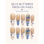 Blue Plaid 3D Butterfly Press‑On Nails, Fresh Medium‑Long Almond False Nails With French Floral Pattern